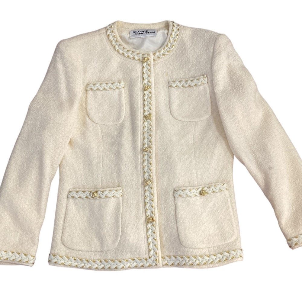 Vintage GEORGE SIMONTON Cream Cardigan/ Jacket with Gold Trim- Sz 14